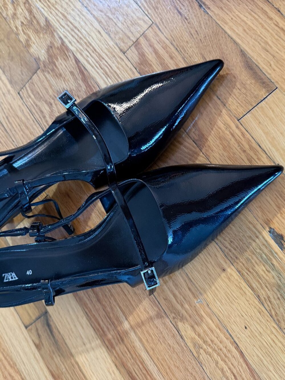 Zara Black Pointed Toe Patent Slingback Kitten Heel